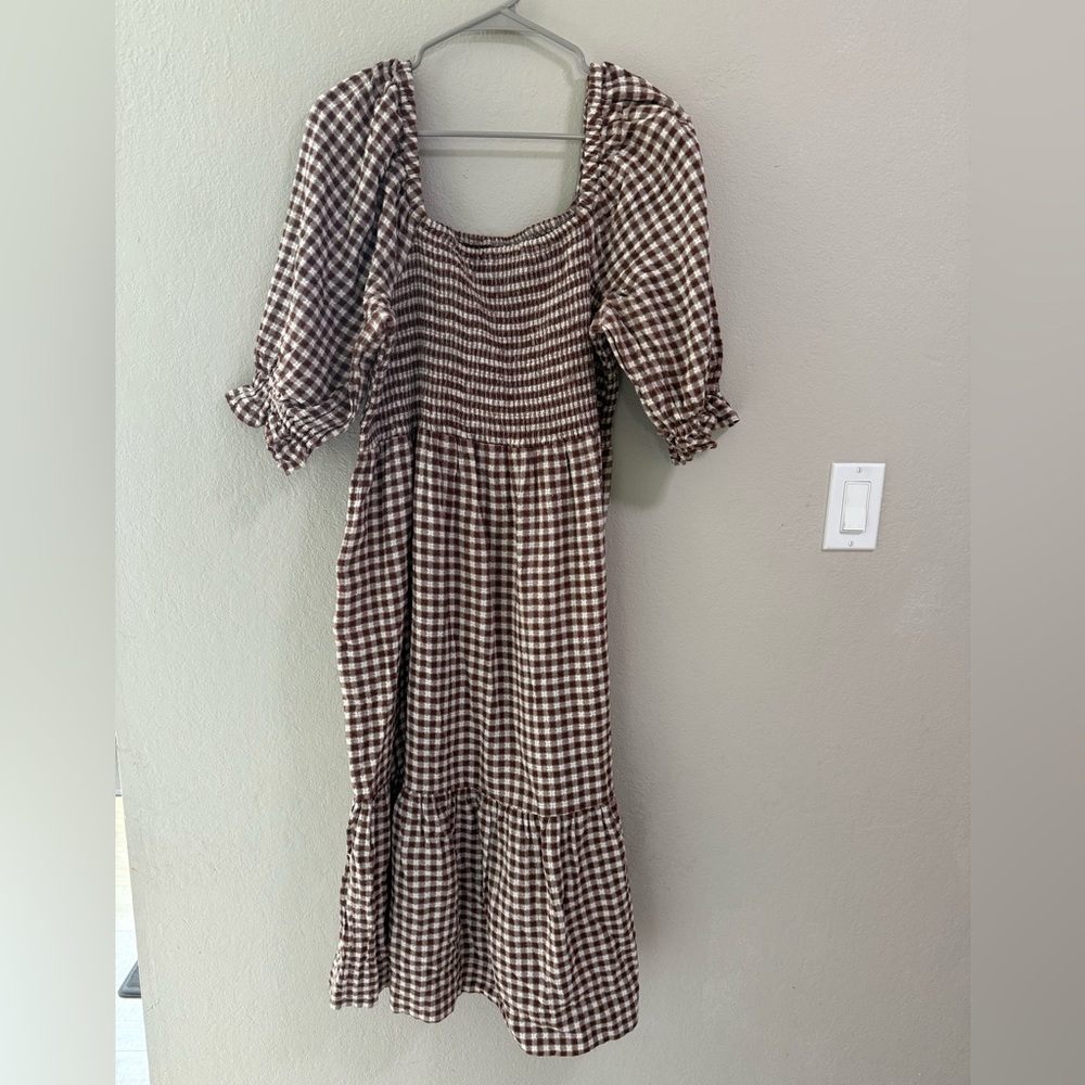 Madewell Brown Gingham Smocked Midi Dress Size XL
